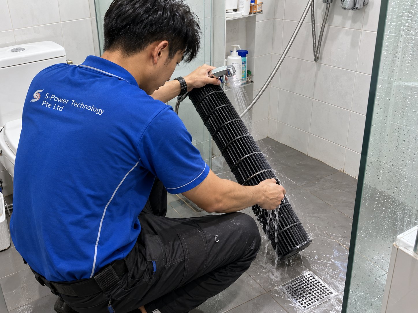 S-Power aircon technician cleaning aircon blower during servicing in Singapore